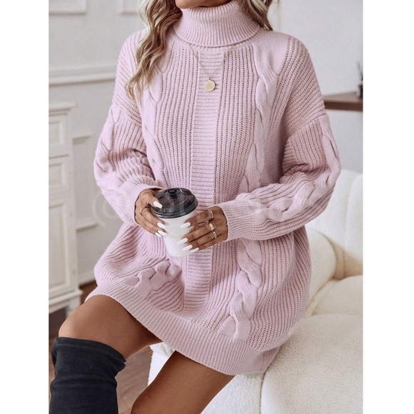 Baby Pink Oversized Sweater Dress Cable Knit Turtleneck Long SLeeve - Picture 1 of 7